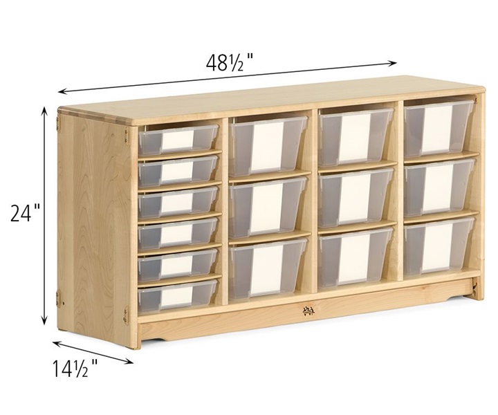 Dimensions of F684 Tote Shelf 4 x 24 with F891 Deep Tote, Clear and F881 Shallow Tote, Clear