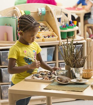 a child playing with stones and shells at a table