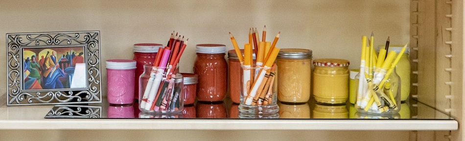 art supplies on a shelf