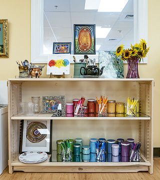 art supplies on a shelf